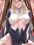  1girl blonde_hair breast_curtains breasts character_request counter:side groin heterochromia highres indoors large_breasts looking_at_viewer mmm_(ji1945) nun open_mouth solo stained_glass thighhighs underboob white_legwear zipper_pull_tab 