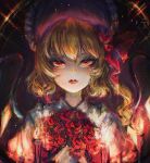  1girl blonde_hair bonnet face fangs flandre_scarlet flower highres kyogoku-uru light_particles lips looking_at_viewer night red_eyes red_flower red_rose rose solo touhou tsurime vampire 