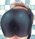  1girl ass ass_focus bent_over bike_shorts black_jacket black_shorts brown_hair checkered_background commentary_request highres jacket koshirae_tsurugi long_sleeves low_ponytail m.m original ponytail short_shorts shorts solo standing thigh_gap track_jacket 