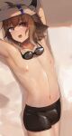  1boy :o arknights armpits arms_up bangs bison_(arknights) brown_hair goggles goggles_around_neck highres male_focus male_swimwear mo_ne navel nipples open_mouth ox_ears purple_eyes short_hair solo swim_trunks 