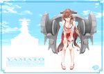  1girl bikini breasts brown_eyes brown_hair cannon character_name cherry_blossoms copyright_name flower hair_flower hair_intakes hair_ornament kantai_collection large_breasts leaning_forward long_hair off_shoulder official_alternate_costume ponytail red_sarong rigging sandals sarong shizuki_michiru sidelocks solo standing swimsuit thigh_strap turret very_long_hair white_bikini yamato_(kancolle) 