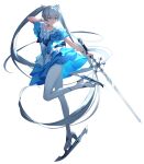  1girl artist_request bad_source bangs black_survival blue_dress blue_eyes blue_hair closed_mouth dress elena_(black_survival) eternal_return:_black_survival full_body highres holding holding_sword holding_weapon ice_skates long_hair official_art simple_background skates solo sword transparent_background twintails weapon white_legwear 
