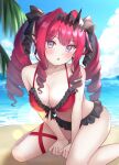  1girl absurdres bangs bare_shoulders beach bikini blue_sky blush breasts cleavage collarbone curly_hair drill_hair earrings fairy_knight_tristan_(fate) fate/grand_order fate_(series) grey_eyes highres hoshino_reiji jewelry large_breasts long_hair looking_at_viewer navel ocean open_mouth pink_hair pointy_ears red_bikini shore sidelocks sitting sky solo swimsuit thighs tiara twin_drills twintails wariza 
