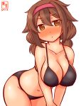  1girl artist_logo bikini black_bikini blush breasts brown_eyes brown_hair cleavage collarbone commentary_request cowboy_shot dated hair_flaps hairband kanon_(kurogane_knights) kantai_collection large_breasts leaning_forward long_hair looking_at_viewer low_twintails nose_blush one-hour_drawing_challenge red_hairband shiratsuyu_(kancolle) simple_background solo swimsuit tan twintails white_background 