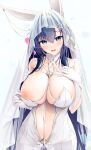  1girl animal_ears azur_lane between_breasts blue_eyes blue_hair breasts bridal_veil cleavage clothes_pull clothing_cutout dress dress_pull hand_on_own_chest happy headdress heart highres hukairi_botan large_breasts looking_at_viewer navel navel_cutout new_jersey_(azur_lane) new_jersey_(snow-white_ceremony)_(azur_lane) nipples official_alternate_costume rabbit_ears solo veil wedding_dress 