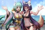  2girls :d animal_ears aqua_hair armpits bangs beach bikini black_bikini black_hair blue_sky blush bow breasts brown_eyes cleavage cowboy_shot day dragon_girl dragon_horns fate/grand_order fate_(series) flower fox_ears fox_girl fox_tail frilled_bikini frills glasses hair_bow hair_flower hair_ornament hairband highres horns interlocked_fingers kiyohime_(fate) kiyohime_(swimsuit_lancer)_(fate) kiyohime_(swimsuit_lancer)_(first_ascension)_(fate) large_breasts long_hair looking_at_viewer low_twintails multiple_girls multiple_horns open_mouth osakabe-hime_(fate) outdoors pom_pom_(cheerleading) red-framed_eyewear revision sky smile swimsuit tail twintails very_long_hair wide_sleeves yellow_bikini yellow_bow yellow_eyes youshuu 