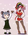  2girls animal_ears breasts commentary_request cookie cookie_(touhou) dress food gloves grey_hair happy hat highres hololive houshou_marine iiyo_koiyo_ikuiku_yajuu_bucchippa_senpai mouse_ears mouse_girl mouse_tail multiple_girls nazrin nyon_(cookie) open_mouth pirate pirate_hat red_hair short_hair skirt smile tail touhou virtual_youtuber white_gloves 