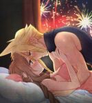  1boy 1girl aerith_gainsborough armor_removed bangs bare_arms bed bed_sheet blonde_hair blue_eyes blue_shirt blush boy_on_top braid braided_ponytail brown_hair cloud_strife couple curtains dress earrings final_fantasy final_fantasy_vii final_fantasy_vii_remake fireworks green_eyes hair_between_eyes hair_ribbon hands_on_another&#039;s_chest imminent_kiss indoors jacket jacket_removed jewelry krudears muscular muscular_male parted_bangs parted_lips pillow pink_dress ribbon shirt sidelocks single_earring sleeveless sleeveless_turtleneck spaghetti_strap spiked_hair turtleneck upper_body window 