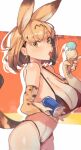  1girl animal_costume animal_ear_fluff animal_ears bikini black_bikini black_swimsuit blonde_hair breasts cat_ears cat_girl cat_tail drink elbow_gloves extra_ears food gloves highres ice_cream iparupua kemono_friends large_breasts looking_at_viewer open_mouth serval_(kemono_friends) short_hair simple_background solo swimsuit tail yellow_eyes 