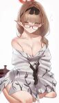  absurdres bare_shoulders between_legs blue_archive breast_squeeze breasts brown_hair chinatsu_(blue_archive) cleavage glasses hairband hand_between_legs highres japanese_clothes kazane-wind kimono kneeling large_breasts looking_at_viewer mole mole_on_breast yellow_eyes 