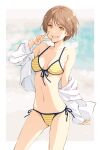  1girl bikini breasts brown_hair commentary_request cowboy_shot front-tie_top grin highres hood hooded_jacket hoodie jacket looking_at_viewer medium_breasts navel nonaka_nono open_clothes open_jacket original short_hair side-tie_bikini smile solo standing stomach_day striped striped_bikini swimsuit v white_jacket yellow_bikini yellow_eyes 