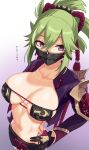  1girl bangs black_gloves breasts cleavage collarbone from_above gachou genshin_impact gloves gradient gradient_background green_hair highres kuki_shinobu large_breasts long_hair long_sleeves looking_at_viewer mask mouth_mask navel open_clothes purple_background purple_eyes simple_background solo 