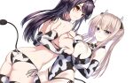  2girls animal_ears animal_print ass bikini black_hair blue_eyes breast_press breasts brown_eyes casual_one-piece_swimsuit commentary_request cow_ears cow_horns cow_print cow_tail cowboy_shot dutch_angle elbow_gloves fake_animal_ears fake_horns gloves graf_zeppelin_(kancolle) hair_ornament hairclip haruna_(kancolle) highres horns kantai_collection large_breasts long_hair multiple_girls one-piece_swimsuit side-tie_bikini simple_background swimsuit symmetrical_docking tail utsumi_karmin white_background white_bikini white_gloves white_hair white_swimsuit 