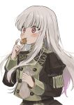  1girl ayuppe bag bangs blush chocolate_chip_cookie cookie cowboy_shot eating fire_emblem fire_emblem:_three_houses food garreg_mach_monastery_uniform highres holding holding_bag holding_food long_hair long_sleeves lysithea_von_ordelia red_eyes sidelocks simple_background solo standing white_background white_hair 