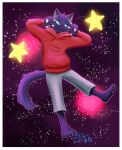  ambiguous_gender anthro arc_rose black_body black_fur blue_eyes clothed clothing digital_drawing_(artwork) digital_media_(artwork) domestic_cat felid feline felis fur looking_at_viewer mammal space star 