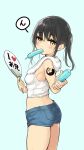  1girl ass bangs bare_arms bare_shoulders black_hair blue_background blue_shorts blush breasts denim denim_shorts from_side hair_between_eyes hand_fan highres holding holding_fan long_hair looking_at_viewer looking_to_the_side minamura_haruki mouth_hold original paper_fan short_shorts shorts sidelocks simple_background small_breasts solo tank_top towel towel_around_neck translation_request twintails white_tank_top yellow_eyes 