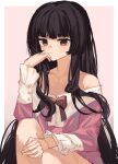  1girl absurdres bare_shoulders black_hair border bow bowtie buttons clynxen collarbone commentary elbow_on_knee feet_out_of_frame frilled_sleeves frills hand_to_own_face highres hime_cut houraisan_kaguya knees_up long_hair long_sleeves looking_at_viewer off-shoulder_shirt off_shoulder pink_background pink_shirt red_bow red_eyes shirt solo touhou white_border 