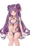  1girl bangs bare_arms bare_legs bare_shoulders bikini blue_bow blunt_bangs bow breasts cleavage double_bun expressionless front-tie_bikini front-tie_top hair_bow hair_bun halter_top halterneck highres long_hair looking_at_viewer medium_breasts navel patchouli_knowledge purple_bikini purple_eyes purple_hair red_bow reddizen simple_background sitting solo swimsuit touhou very_long_hair white_background 