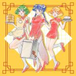  3girls ^_^ blue_hair blush bowl box braid breasts choujikuu_yousai_macross closed_eyes double_bun dress flat_chest freyja_wion green_hair hair_behind_ear hair_bun hair_ornament heart heart_hair_ornament high_heels highres holding holding_box holding_plate karin_(w_1529) lynn_minmay macross macross_delta macross_frontier making-of_available medium_breasts multiple_girls open_hand orange_eyes orange_hair plate ranka_lee red_dress red_footwear short_hair symbol-only_commentary twin_braids 