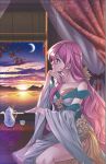  1girl cloud cover cover_page cup douluo_dalu dusk from_side highres long_hair looking_outside moon mountain mu_fengchun night night_sky official_art pink_hair scan sitting sky solo sunset teacup teapot third-party_source upper_body windowsill 