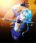  1girl ai_the_somnium_files ai_the_somnium_files:_nirvana_initiative arms_up black_gloves blue_shirt braid gloves grey_eyes hair_between_eyes heterochromia holding holding_weapon light_blue_hair okiura_mizuki open_clothes open_vest shirt sho_nana0 solo standing twin_braids vest weapon yellow_eyes yellow_vest 