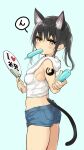  1girl animal_ear_fluff animal_ears ass bangs bare_arms bare_shoulders black_hair blue_background blue_shorts blush breasts cat_ears cat_girl cat_tail denim denim_shorts from_side hair_between_eyes hand_fan highres holding holding_fan kemonomimi_mode long_hair looking_at_viewer looking_to_the_side minamura_haruki mouth_hold original paper_fan short_shorts shorts sidelocks simple_background small_breasts solo tail tank_top towel towel_around_neck translation_request twintails white_tank_top yellow_eyes 