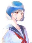  1girl absurdres arjent artist_name bangs black_sailor_collar blue_hair bob_cut brown_eyes closed_mouth collarbone commentary highres neckerchief original red_neckerchief sailor_collar school_uniform serafuku short_sleeves simple_background solo symbol-only_commentary upper_body watermark white_background white_serafuku 