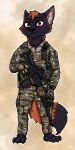  3_toes 4_fingers air_force anthro black_body black_fur canid canine clothing feet fingers fox fur hi_res mach_(operatormach) male mammal military_uniform orange_body orange_fur red_eyes riffle solo toes uniform ziegelzeig 