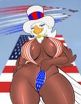  4th_of_july absurd_res accipitrid accipitriform anthro avian bald_eagle beak big_breasts bird blue_eyes breasts brown_body brown_feathers clothing eagle feathers female freeda_(himynameisnobody) hat headgear headwear hi_res huge_hips looking_at_viewer non-mammal_breasts sea_eagle seii3 solo stars_and_stripes swimwear top_hat united_states_of_america wide_hips yellow_beak 