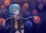  1girl ai_the_somnium_files ai_the_somnium_files:_nirvana_initiative amie_(gentleflower) balloon braid hair_between_eyes heterochromia highres light_blue_hair long_hair long_sleeves necktie okiura_mizuki open_clothes open_vest red_necktie standing twin_braids vest yellow_eyes yellow_vest 