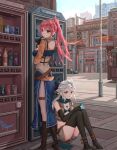  2girls building can car denim denim_jacket denim_shorts drink eiyuu_densetsu fie_claussell ground_vehicle highres holding holding_can jacket lamppost long_hair looking_at_viewer motor_vehicle multiple_girls navel on_ground outdoors pink_hair road sara_valestein scarf sen_no_kiseki sen_no_kiseki_iii shorts sitting skyscraper street thighhighs vending_machine white_hair yellow_eyes yuzuriha 