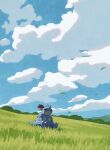  absurdres blue_sky claws closed_eyes closed_mouth cloud day grass highres horns hyogonosuke nidoqueen no_humans outdoors pokemon pokemon_(creature) single_horn sky solo spikes tail 