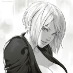  1girl angel angel_(kof) artist_name bangs breasts cleavage commentary greyscale lips looking_at_viewer medium_breasts monochrome parted_lips rejean_dubois short_hair signature simple_background smile solo the_king_of_fighters the_king_of_fighters_2001 upper_body white_background 