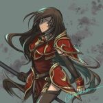  1girl altena_(fire_emblem) armor black_legwear brown_eyes brown_hair dress fire_emblem fire_emblem:_genealogy_of_the_holy_war floating_hair hairband head_tilt highres holding holding_polearm holding_weapon long_hair looking_at_viewer polearm red_dress solo sorakaza thighhighs twitter_username very_long_hair weapon white_hairband 