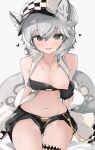  1girl animal_ears arknights bandeau_pull bangs black_bandeau black_gloves black_shorts breasts cliffheart_(arknights) cowboy_shot crossed_bangs cum cum_on_legs fur-trimmed_gloves fur_trim gloves grey_eyes grey_hair groin hair_between_eyes hat heavy_breathing highres jewelry leopard_ears leopard_girl leopard_tail light_blush looking_at_viewer mikozin navel necklace nipples one_breast_out pulled_by_self short_hair short_shorts shorts simple_background sitting small_breasts smile solo tail thigh_strap thighs white_background white_headwear 