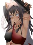  1girl animal_ears argyle argyle_background armlet armpits arms_behind_head arms_up bangs bare_shoulders black_gloves black_hair blonde_hair blue_eyes breasts cat_ears criss-cross_halter dark-skinned_female dark_skin dehya_(genshin_impact) eyeshadow forsy_88 genshin_impact gloves hair_between_eyes halterneck highres jewelry long_hair looking_at_viewer makeup multicolored_hair parted_lips solo streaked_hair stretch upper_body vision_(genshin_impact) white_background 
