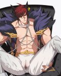  1boy abs absurdres animal_ears bangs bara brown_hair chain character_name closed_mouth collar couch cuntboy feather_boa highres large_pectorals league_of_legends male_focus metal_collar muscular muscular_male navel nipple_chain nipples on_couch pants pectorals ryub scar scar_on_face scar_on_nose sett_(league_of_legends) short_hair sitting solo spread_legs white_pants 