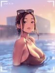  1girl a.x. breasts brown_eyes brown_hair brown_swimsuit cleavage closed_mouth commentary_request dated eyes_visible_through_hair eyewear_on_head large_breasts lips looking_at_viewer original outdoors partially_submerged solo steam sunglasses swimsuit viewfinder wet wet_hair 
