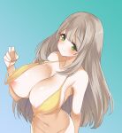  1girl areola_slip bangs bikini blue_archive bottomless breasts front-tie_bikini front-tie_top gokubuto_mayuge gradient gradient_background green_eyes highres large_breasts light_brown_hair looking_at_viewer navel nonomi_(blue_archive) nonomi_(swimsuit)_(blue_archive) official_alternate_costume out-of-frame_censoring solo swept_bangs swimsuit untied untied_bikini yellow_bikini 