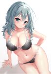  1girl absurdres aqua_eyes aqua_hair arm_behind_back arm_support bare_arms bikini black_bikini blush breasts cleavage closed_mouth collarbone front-tie_top hair_between_eyes highres large_breasts leaning_to_the_side long_hair looking_at_viewer navel ncontrail_(mgax7527) polka_dot riddle_joker shikibu_mayu simple_background sitting smile solo swimsuit two-tone_bikini white_background white_bikini yuzu-soft 