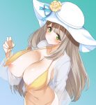  1girl areola_slip bangs bikini blue_archive bottomless breasts flower front-tie_bikini front-tie_top gokubuto_mayuge gradient gradient_background green_eyes hat hat_flower hat_ribbon highres jacket large_breasts light_brown_hair looking_at_viewer navel nonomi_(blue_archive) nonomi_(swimsuit)_(blue_archive) official_alternate_costume out-of-frame_censoring ribbon see-through see-through_jacket solo sun_hat swept_bangs swimsuit untied untied_bikini yellow_bikini 