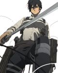  1girl black_eyes black_hair black_pants breasts collared_shirt english_commentary from_below frown hair_between_eyes highres holding holding_sword holding_weapon looking_at_viewer looking_down malcolm_(rocketboiart) medium_breasts mikasa_ackerman pants shingeki_no_kyojin shirt short_hair solo sword weapon white_background white_shirt 