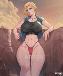  1girl abs android_18 artist_name arttoru ass_visible_through_thighs blonde_hair blue_eyes blue_shirt breasts cloud crop_top curvy dragon_ball dragon_ball_z earrings hair_behind_ear highres jewelry large_breasts leaning_back navel panties red_panties shirt short_hair sky sleeveless sleeveless_shirt thighs underwear 