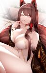  1girl ;d absurdres akagi_(azur_lane) animal_ears ass azur_lane bangs breasts brown_hair cleavage collarbone commentary_request detached_collar dress hair_between_eyes hair_tubes hand_to_own_mouth highres japanese_clothes large_breasts long_hair looking_at_viewer navel one_eye_closed red_eyes samip sidelocks sitting smile solo thighs white_dress wooden_floor 