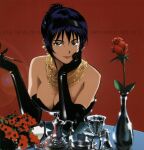  1girl absurdres bare_shoulders breasts cleavage cowboy_bebop cup dress earrings elbow_gloves elbows_on_table faye_valentine flower gloves highres jewelry kawamoto_toshihiro lipstick makeup necklace non-web_source red_background red_flower rose smile smoking_pipe table tagme teapot vase 