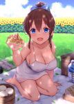  1girl :o arm_support baozi bare_legs blue_eyes blue_sky blush bottle bow breasts brown_hair cai_geng cleavage cloud collarbone covered_nipples dress field flower flower_field food grass hair_bow highres idolmaster idolmaster_million_live! incoming_food large_breasts leaf looking_at_viewer mat no_bra picnic_basket ponytail pov sandwich satake_minako shoes shoes_removed sitting sky sleeveless sleeveless_dress solo strap_slip water_bottle white_dress yokozuwari 