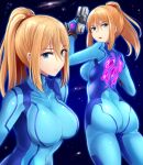  1girl ass bangs blonde_hair blue_bodysuit blue_eyes blush bodysuit breasts cleavage gloves gun highres impossible_clothes kitayama_miuki large_breasts long_hair looking_at_viewer metroid metroid_(classic) mole mole_under_mouth multiple_views parted_lips ponytail samus_aran sidelocks skin_tight space weapon zero_suit 