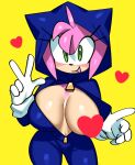  &lt;3 2022 amy_rose anthro big_breasts breasts censored_breasts clothed clothing eulipotyphlan female fiinel fur gesture gloves green_eyes hair handwear hedgehog hi_res huge_breasts looking_at_viewer mammal navel open_clothing open_mouth open_smile open_topwear pink_body pink_fur pink_hair sega simple_background smile solo sonic_the_hedgehog_(series) topwear v_sign 