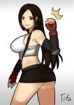  1girl arm_up armpits ass bare_shoulders black_hair breasts clenched_hand curvy detached_sleeves earrings final_fantasy final_fantasy_vii fingerless_gloves fist_pump gloves highres jewelry lips long_hair looking_at_viewer looking_back medium_breasts midriff miniskirt red_eyes saberrung simple_background skirt solo strap sweat tank_top thighs vest white_background 