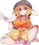  1girl arm_support barefoot blonde_hair breasts brown_headwear cabbie_hat closed_mouth dango food hat highres holding holding_food large_breasts looking_at_viewer massakasama navel orange_shirt red_eyes ringo_(touhou) shirt short_hair short_sleeves shorts simple_background sitting solo striped striped_shorts touhou wagashi white_background yellow_shorts 
